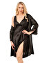 Women's Satin Rose Embroidered Slit Detail Nightgown and Robe Set |   Black 7810