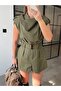Draped Collar Padded Belted Jumpsuit Khaki - 5
