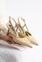 LISA Women's Gold Pointed Toe 7 cm Heeled Floral Lace Patterned Patent Leather Slingback Shoes