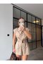Draped Collar Padded Belted Jumpsuit Beige