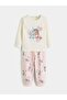 Lcw Kids Ecru Crew Neck Stitch Printed Girls' Pajama Set