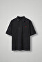 Men's Oversize Washed Rose Embroidered Polo Collar T-Shirt Black