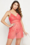 Sheer Padded Babydoll with Matching G-String in Peach Colour - Lace