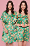 2 Pc Set in Green - Floral Print Short Night Dress & Robe - Satin