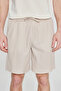 Men's Beige Cotton Standard Fit Regular Cut Tie-Waist Knitted Sports Shorts with Side Pockets - 5