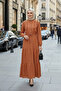 Women's Ruffle Detailed Buttoned Linen Orange Dress - 3