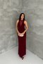 Women's Burgundy Lace Detailed Draped Backless Long Evening Dress