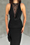 Women's Black Lace Detailed Draped Backless Long Evening Dress - 6