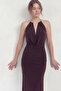Women's Accessory Detailed Collar Slit Midi Dress Brown, Black - 2