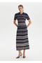 Beige White Striped Navy Blue Knitwear Top - 2