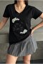 Black 100% Cotton V-Neck T-Shirt with Sequins, Beads and Embroidery - 2
