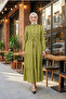 Women's Ruffle Detailed Buttoned Linen Green Dress - 2