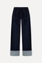 Women's Dark Indigo Straight Fit Jean Pants with Cuff Detail - 4
