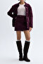 Women's Velvet Textured Mini Skirt with Plum Belt Detail - 3