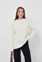 Women's Oversize Ecru Crew Neck Cotton Textured Long Sleeve Knit Sweater - 2