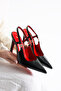 Velmora Women's Black Pointed Toe Slingback 11 cm Thin Heel Stone Accessory Detailed Shoes