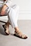 Women's Beige Suede Cross-Strap Buckle Sandals – Flat Sole Comfortable Casual Summer Shoes Olas - 3