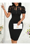 Women's Short Sleeve Ruffled Collar Floral Tulle Detailed Mini Crepe Dress, Special Occasion Event-Wedding Dress