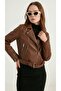 Women's Brown Leather Jacket with Zipper Detail - 5