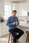 Men's Blue 3-Button 100% Cotton Seasonal Wide Fit Long Sleeve Pocketed Pajama Set - 3