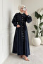 Liva Tansel Fabric Front Buttoned Belted Hijab Dress - Navy Blue - 3