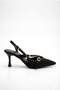 Women's Special Design Black Satin Metal Buckle Accessory Upholstered Pointed Toe Thin Heeled Shoes - 2