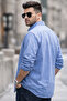Men's Chambre Blue Large Size Shirt Long Sleeve Single Pocket Wide Cut - 3