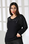 Women's Black Crew Neck Shoulders Crystal Stone Embroidered Lycra Stretchy Bodysuit