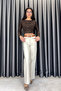 Leather Belted Trousers with Cut-Out Legs - Cream Cream