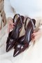 May Square Buckle Pointed Toe Short Kitten Heel Brown Patent Leather Women's Shoes