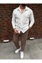 Men's Report Ottoman Fabric Top and Bottom Set White Shirt + Brown Pants - 3