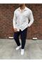 Men's Report Ottoman Fabric Top and Bottom Set White Shirt + Navy Blue Pants