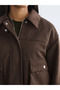 Brown Shirt Collar Oversize Women's Suede Look Jacket - 3