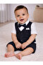 Infant Boys’ Waistcoat, Shirt & Bow Tie Mock Romper 3 pc Set (Navy Blue) - 3