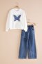Ecru Butterfly Embroidered Badili Jeans Pants Girls' 2-Piece Set 23413 - 2