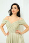 Glittery Crepe Ruched Long Evening Dress with Straps - Gold - 4