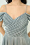 Glittery Crepe Ruched Long Evening Dress with Straps - Mint Green - 2