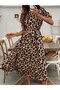 Women's Leopard Patterned Midi Length Single Jersey Dress with Belt Detail at the Waist - 5