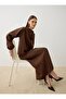 Wrinkle Effect Blouse & Skirt Set with Tie Detail at the Collar - Brown - - Exclusive