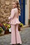 Girl's Collar Pearl Detailed and Lined Blouse Loose Cut Pants Belted Pink Bottom Top Set - 4