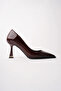 Brown Patent Leather Pointed Toe Stylish Heeled Shoes - 3