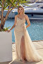 Women's Asymmetrical Strapless Detailed Deep Slit Long Evening Dress 6698 Latte