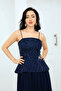 Top Beaded Bottom Chiffon Design Long Dress - Dark Blue - 5