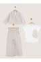 8-14 Years Old Girls' Striped Jacket and Trousers Set Mink Ecru 3-Piece Set - 2
