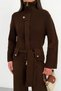 Women's Bitter Brown High Collar Belted Premium Quality Knitwear Cardigan Wide Leg Pants Knitwear Set - 2