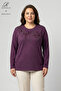 Women's Purple Tree Patterned Stoned Slit Lycra Wool Viscose Mother Combed Cotton Blouse