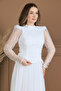 Top Beaded Detailed Bottom Chiffon Long Dress - White - 4