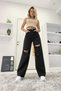 Christian Women's Stretch Fabric Black Distressed Super High Waist Relaxed-Leg Stretch Denim Palazzo Jeans Relaxed