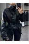 New Season Black Double-Breasted Stand Collar Buttoned Leather Jacket - 2