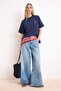 Lacivert %100 Pamuk Nakışlı Oversize/Geniş Kalıp Bisiklet Yaka Örme T-Shirt TWOSS24TS00102 - 2